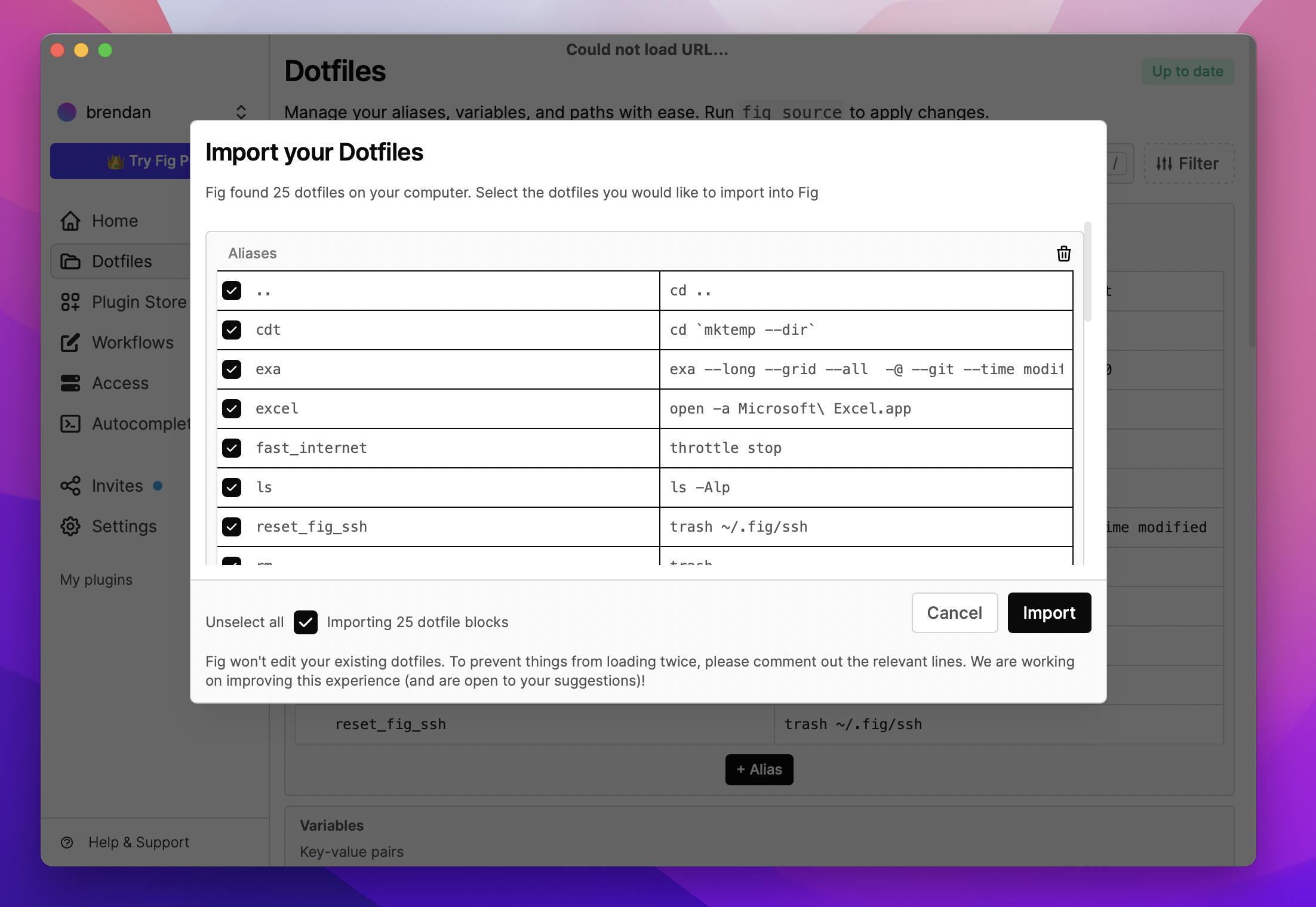 Grid of found aliases and variables for importing