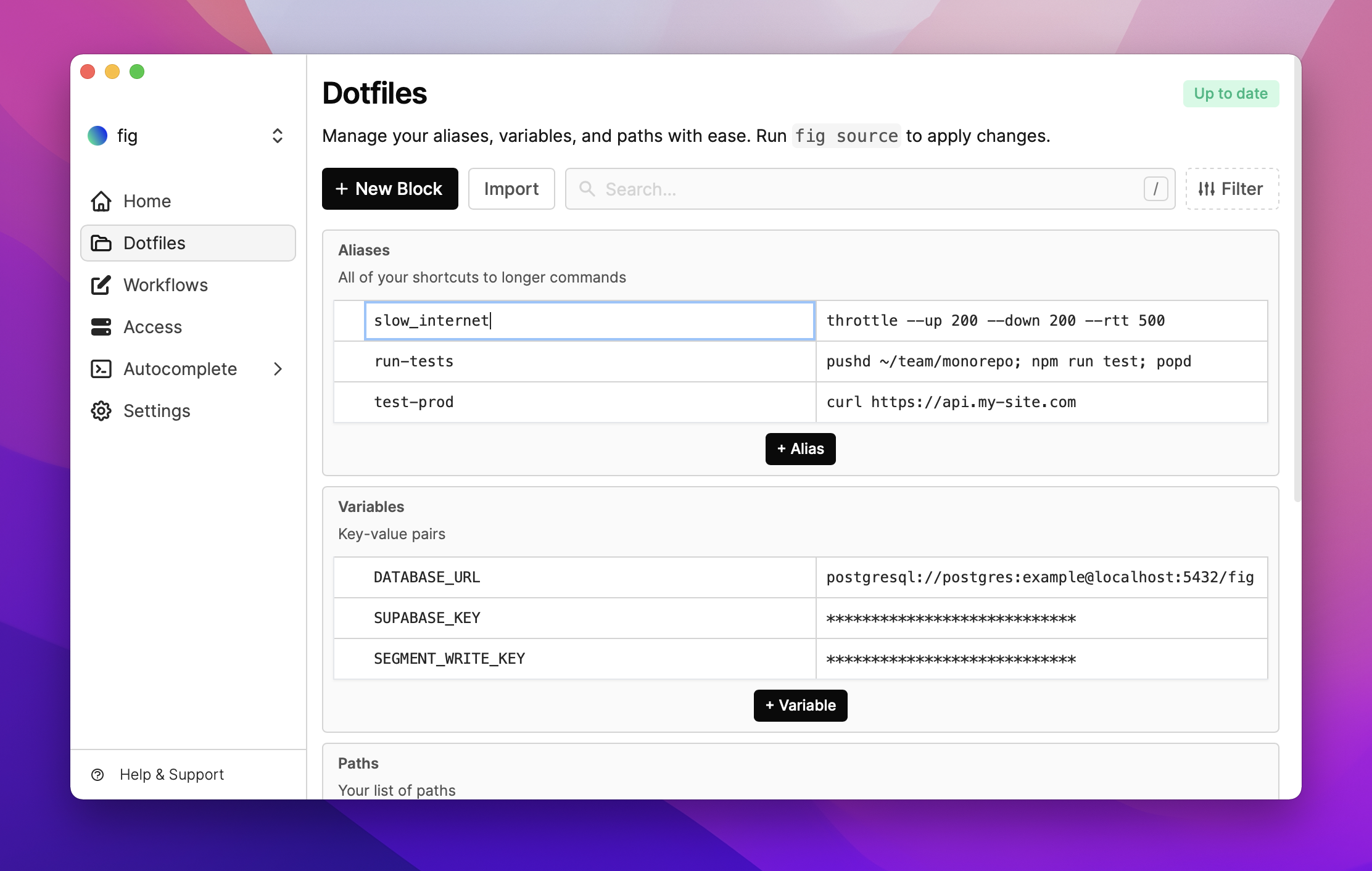 Fig Dashboard Dotfiles UI with 3 aliases and 3 variables defined (clearly a subset of the whole configuration). One variable is DATABASE_URL, which contains the database URL we use for testing locally. An alias is run-tests, which uses NPM to run tests in a monorepo.