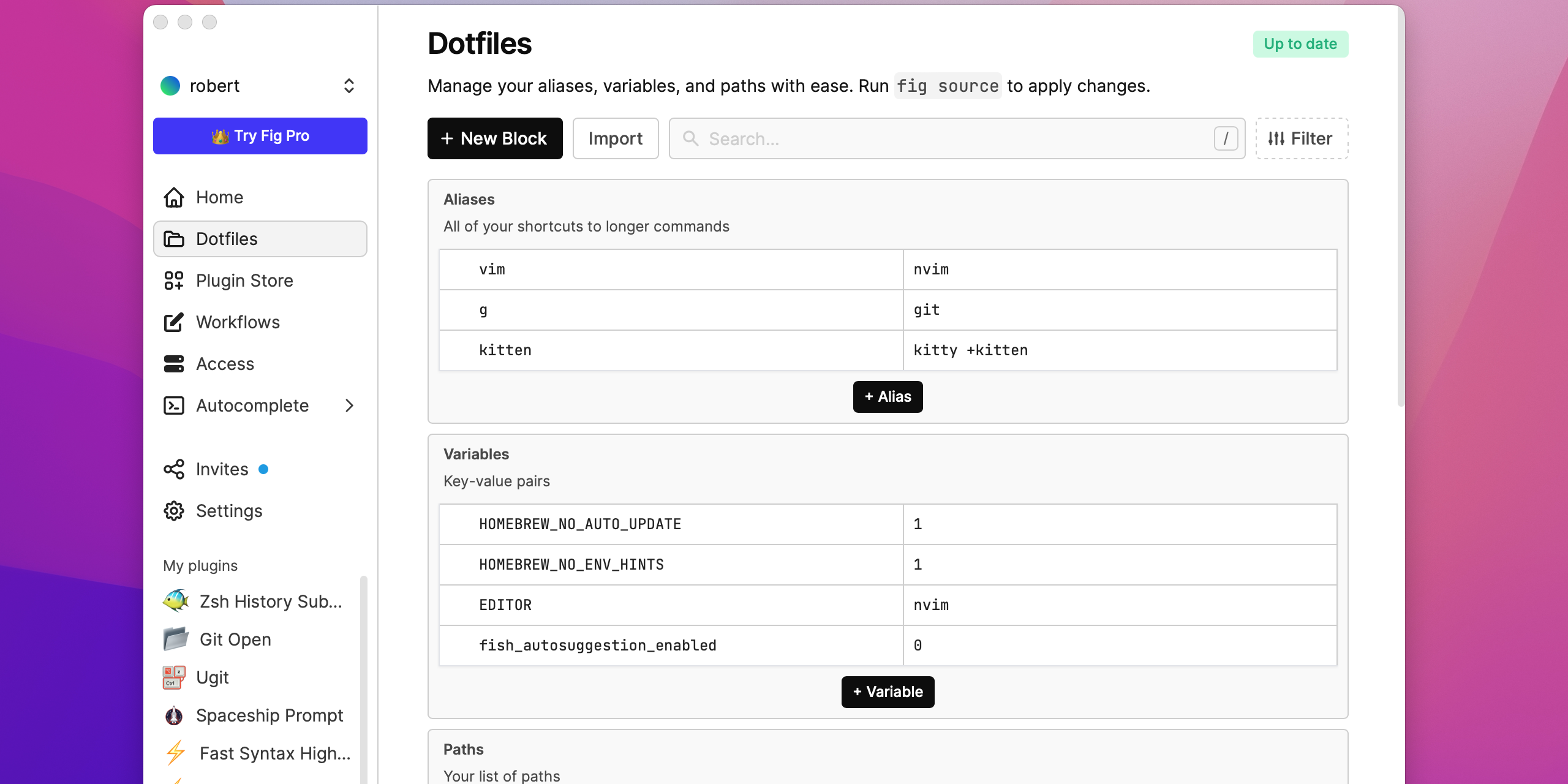 Screenshot of Fig Dotfiles, showing various settings